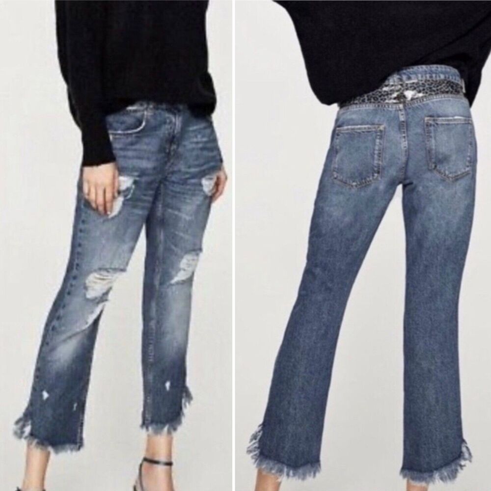 Zara Basic High Rise Cropped Jeans Blue Distressed Raw Hem Rigid 6